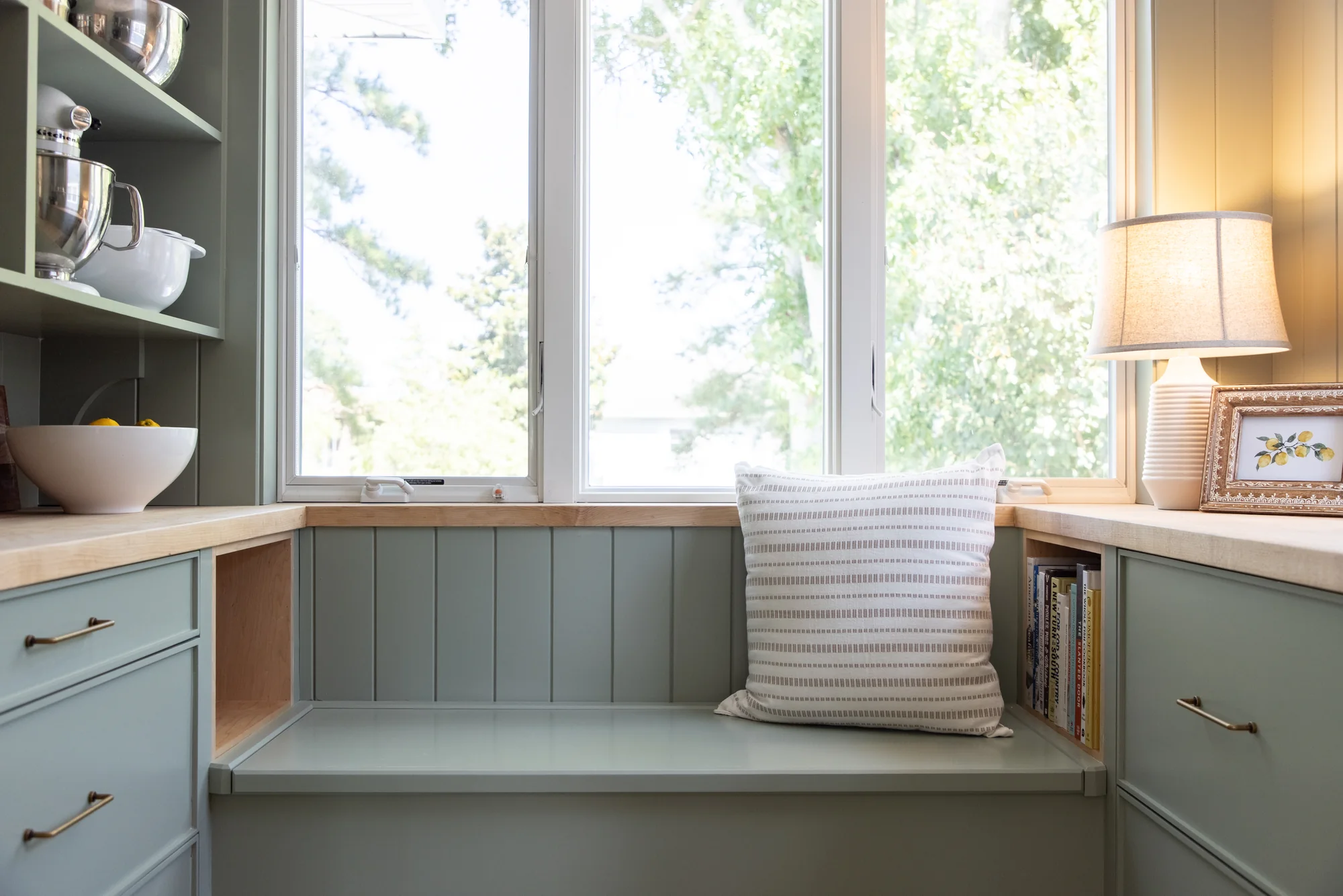 Sage window seat and shelving